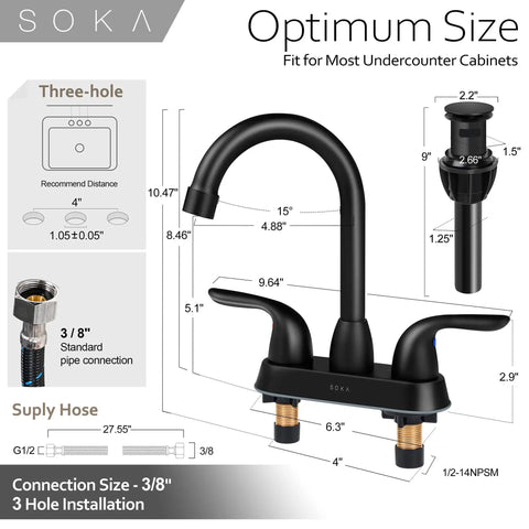 Diagram of Two Handle Black Bathroom Faucet 4 Inch Centerset With Lift Rod Drain Stopper And Supply Hoses For RV Use 3 Hole