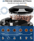 Adjustable 28 Settings Burr Coffee Grinder for Home Use with visible grinding settings and coffee beans inside.