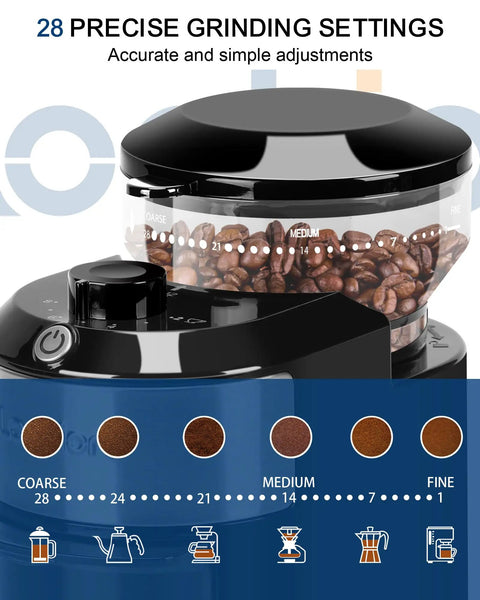 Adjustable 28 Settings Burr Coffee Grinder for Home Use with visible grinding settings and coffee beans inside.