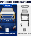 Product comparison showing Rock Solid Heavy Duty Adjustable Roller Conveyor 1000 Lb Capacity with 24 in wide stainless steel rollers.