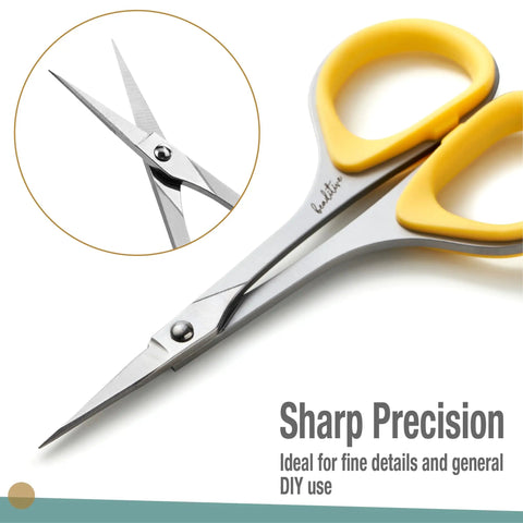 Dual Tip Sewing And Embroidery Scissors Set With Curved And Straight Blades, Extra Sharp Stainless Steel, Precise Tips, Ergonomic Rubber Handles For Comfortable Control In Small DIY Projects. 3.5-inch yellow-handled straight blade scissors