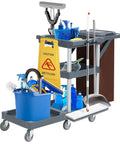 Built Different Heavy Duty Three Shelf Janitorial Cart With Roller Wheels And Secure Protective Cover Includes Generous Vinyl Storage Bag for cleaning supplies and caution sign.