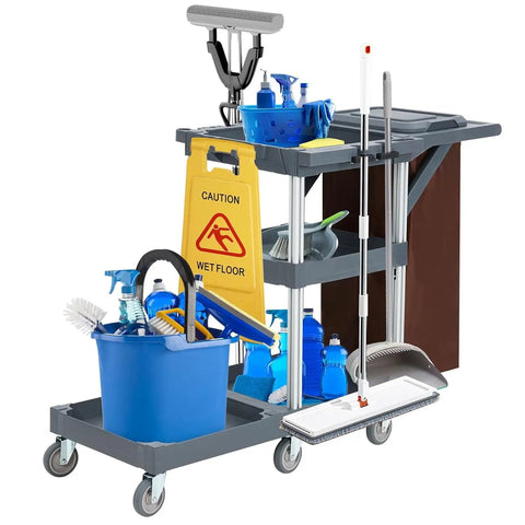 Built Different Heavy Duty Three Shelf Janitorial Cart With Roller Wheels And Secure Protective Cover Includes Generous Vinyl Storage Bag for cleaning supplies and caution sign.