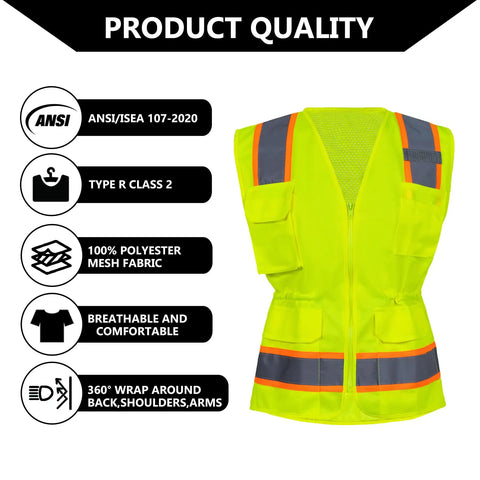 Womens High Visibility Safety Vest Featuring Hella Breathable Mesh Fabric Adjustable Waist Belt Multiple Storage Pockets Smooth Zipper ANSI Class 2 Reflective Strips with 360° coverage.