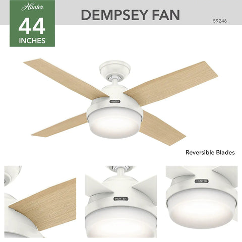 44 Inch Indoor Ceiling Fan With LED Light And Remote, white modern ceiling fan with four blades for bedroom, living room, or kitchen.