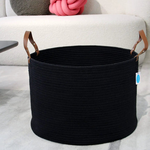 XXXLarge Cotton Rope Storage Basket With Leather Handles For Living Room Go To Organizer For Blankets Towels And Pillows Black 20x20x13 Inches Durable Cotton Rope Craft With Leather Accents For Laundry Or Decorative Storage