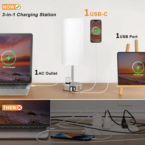 Set Of 2 Touch Lamps For Bedrooms With 3 Way Dimming, USB C Ports And Outlets, showing charging features and devices.