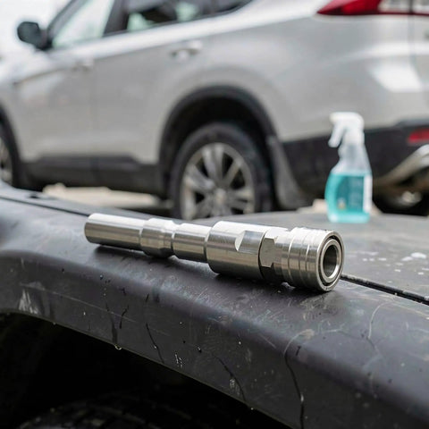 Save Time On Yard Work With This Straight Up Stainless Steel Pressure Washer Quick Connect Coupler showcasing durable stainless steel design.
