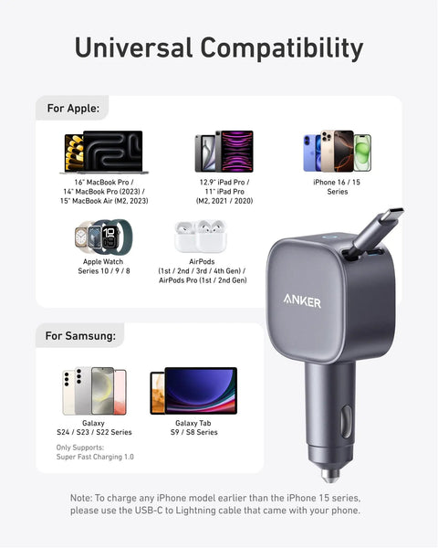 Retractable USB C Car Charger Delivers 75W Max Fast Charging With Built In Cable Dual Ports On The Go Power For iPhone 17 16 Galaxy S25 S24