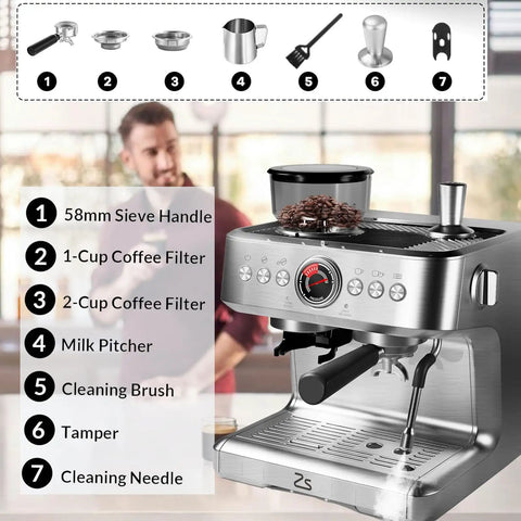Darn Good Semi Automatic Espresso System With Integrated Conical Burr Grinder And Easy Pull Steam Wand Features Pid Temperature Lock 95 Oz Removable Water Container Slim Desktop Coffee Brewer For Rich Lattes with included accessories.