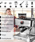 Real Deal Home Espresso Maker With Built In Grinder And Silky Milk Frother, 20 Bar Pressure For Rich Shots, 95 Oz Tank For Chill Latte Nights, Quick Rinse Silver Body, Consistent Daily Grind with coffee accessories displayed.