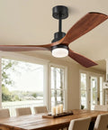 60 Inch Smart Ceiling Fan With Lights For Outdoor Patio And Covered Porch, Three Real Wood Blades In Dark Walnut, Alexa And Google Assistant Voice Control, App And Remote, Quiet DC Motor, installed in elegant dining room.