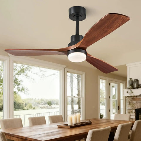 60 Inch Smart Ceiling Fan With Lights For Outdoor Patio And Covered Porch, Three Real Wood Blades In Dark Walnut, Alexa And Google Assistant Voice Control, App And Remote, Quiet DC Motor, installed in elegant dining room.