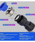 Top Notch B Kit 60 Pcs Boxed Set Of Air Straight Pneumatic Fittings For Quick Connect Push In Connector Pipes Valves That Run Smooth And Hold Tight For All Your Compressed Air Projects Without Any Snagging Or Leaking Issues Right Out The Gate. exploded view of blue pneumatic straight push connector with zinc alloy parts and plastic body