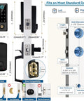 Dimensions and features of Smart Door Lock With Full Handle Set And Fingerprint Access, Keyless Entry, Bluetooth Front Handle, Electronic Keypad Deadbolt, Remote App Control, Voice Assistant Compatible, Auto Lock, Low Battery Alerts, Black