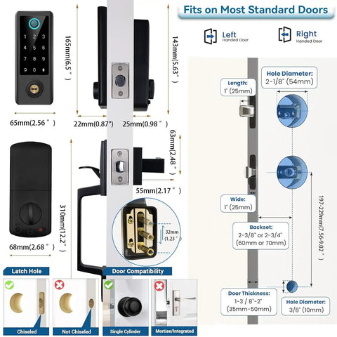 Dimensions and features of Smart Door Lock With Full Handle Set And Fingerprint Access, Keyless Entry, Bluetooth Front Handle, Electronic Keypad Deadbolt, Remote App Control, Voice Assistant Compatible, Auto Lock, Low Battery Alerts, Black