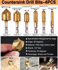 34 Pack Woodworking Drill Bit Set With Countersinks, Plug Cutters, Stop Bit Collars And Step Bits. Countersink drill bits, 6 pieces, various sizes, hexagonal design for woodworking.