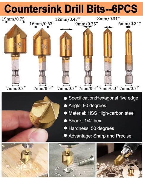 34 Pack Woodworking Drill Bit Set With Countersinks, Plug Cutters, Stop Bit Collars And Step Bits. Countersink drill bits, 6 pieces, various sizes, hexagonal design for woodworking.