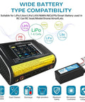 Dual Channel RC Lipo Battery Charger With Touchscreen LCD Display for RC hobbyists, showing compatibility with multiple battery types