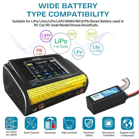 Dual Channel RC Lipo Battery Charger With Touchscreen LCD Display for RC hobbyists, showing compatibility with multiple battery types