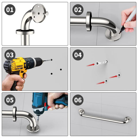 Installation of Two Pack 24 Inch Chrome Stainless Shower Grab Bars For Bathroom Safety And Stability No Slip 1.25 Inch Diameter