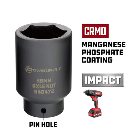 Half Inch Drive 36mm 6 Point Extra Deep Axle Nut Socket Heavy Duty Tool with Cr-Mo steel and pin hole for impact wrench