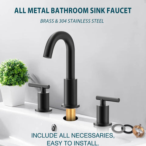 Matte Black Two Handle 8 Inch Widespread Bathroom Faucet For Vanity Sink With 360 Degree Swivel Spout 3 Hole Installation includes parts