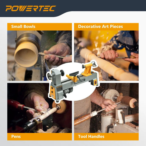 Powerful 10 Inch X 18 Inch Benchtop Mini Wood Lathe With Cast Iron Body For turning pens, bowls, spindles, and DIY projects.