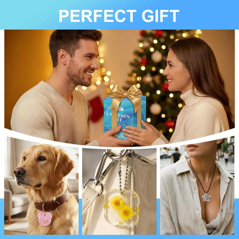 UV Resin Jewelry Making Kit With 200g Crystal Clear Resin Flexible Molds Glitter Powder Portable UV Lamp And Tools For DIYers Keychains Earrings And Crafts shown as a perfect gift in holiday setting