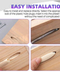 360 Piece Pocket Hole Plug Kit With Screws usage steps in wood, including plug insertion for hidden fasteners in woodworking.