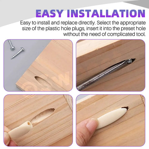 360 Piece Pocket Hole Plug Kit With Screws usage steps in wood, including plug insertion for hidden fasteners in woodworking.