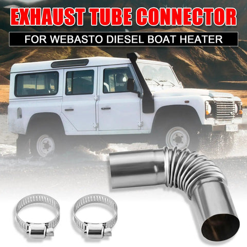 Two Piece Diesel Boat Heater Exhaust Pipe Elbow Connector Kit Stainless Steel 24mm Includes Four Clamps 13cm Exhaust Pipes Heavy Duty 304 Stainless No Fuss Install For Marine Heater Systems shown with Land Rover in background.