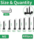 Top Shelf M2 Hex Socket Cap Screws Assortment Kit With 480 Pieces showing size and quantity of black screws in various lengths.