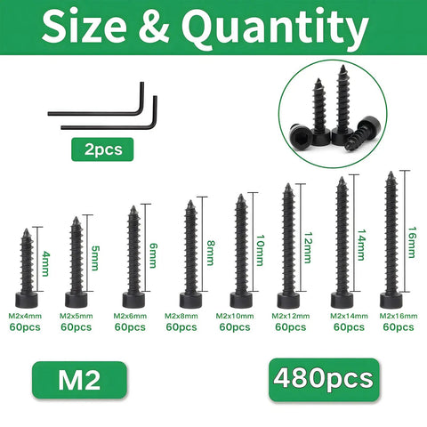 Top Shelf M2 Hex Socket Cap Screws Assortment Kit With 480 Pieces showing size and quantity of black screws in various lengths.