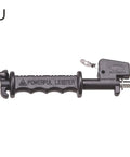 Close-up of the grip handle of a spearfishing tool, labeled 'Powerful Leister,' showing part of the adjustable mechanism and rod