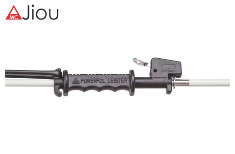Close-up of the grip handle of a spearfishing tool, labeled 'Powerful Leister,' showing part of the adjustable mechanism and rod