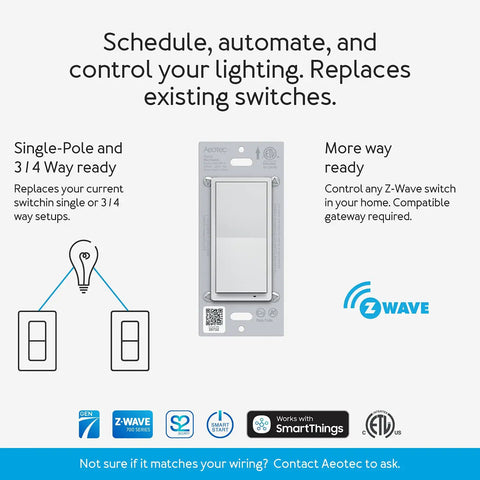 Z Wave Plus Gen7 Illumino On Off Wall Switch V2 For Smart Home Lighting Control, white switch in packaging with icons