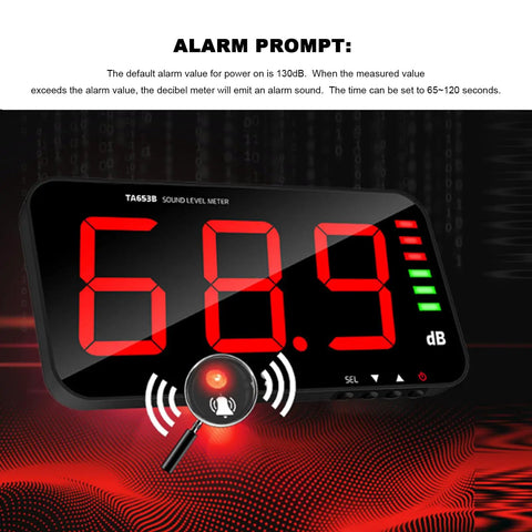 Digital Decibel Meter With Large LCD Display For Home Office And Workshop 30 To 130 dB Sound Level Reader Wall Mounted Or Hanging Noise Meter With Alarm Temperature And Humidity Readout Adjustable Brightness TA654B showing alarm prompt and 68.3 dB