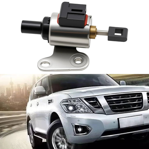 Close-up of CVT transmission stepper motor with mounting bracket; front view of white SUV.