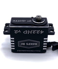 Beefy High Torque Coreless RC Servo 422HDv2 Waterproof in black CNC aluminum case with steel gears, top angle view