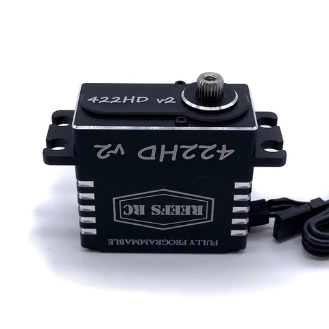 Beefy High Torque Coreless RC Servo 422HDv2 Waterproof in black CNC aluminum case with steel gears, top angle view