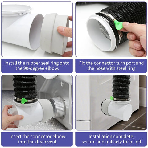 4 Inch Dryer Vent Hose Kit For Tight Spaces 10 Feet Long, 90 Degree Elbow With Rubber Seal Connectors installation guide