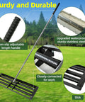 Pro Grade Lawn Leveling Rake With 17 By 10 Inch Stainless Steel Head And 6.5 Foot Adjustable Handle Dual Roller Design For Easy Yard Smoothing Topsoil Farm And Backyard Cleanup Rust Resistant Finish, showcasing the rake's sturdy build and non-slip handle