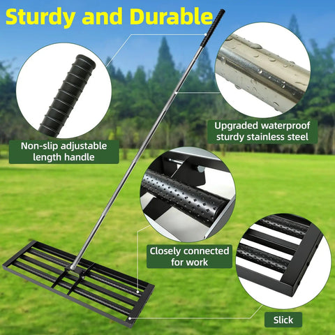 Pro Grade Lawn Leveling Rake With 17 By 10 Inch Stainless Steel Head And 6.5 Foot Adjustable Handle Dual Roller Design For Easy Yard Smoothing Topsoil Farm And Backyard Cleanup Rust Resistant Finish, showcasing the rake's sturdy build and non-slip handle