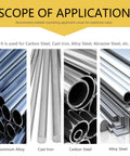 Scope of application showing aluminum alloy, cast iron, carbon steel, and alloy steel materials suitable for machining tools.