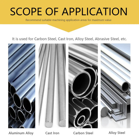 Scope of application showing aluminum alloy, cast iron, carbon steel, and alloy steel materials suitable for machining tools.