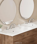 8 Inch Widespread Bathroom Faucet For 3 Hole Sink In Brushed Nickel With Metal Pop Up Drain pictured on a double vanity sink
