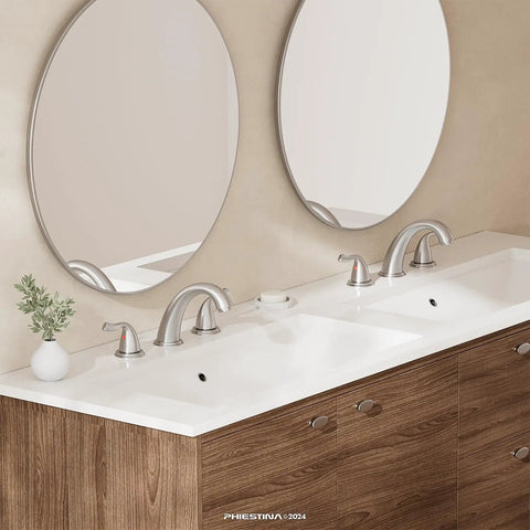 8 Inch Widespread Bathroom Faucet For 3 Hole Sink In Brushed Nickel With Metal Pop Up Drain pictured on a double vanity sink