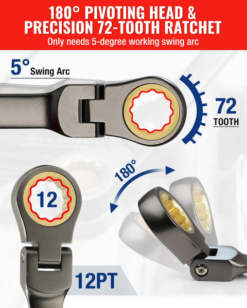 Eight Piece Flex Head Ratcheting Wrench Set For SAE Five Sixteenths To Three Quarters Inch With 72 Tooth Ratchets CR V Construction Nickel Plated Durable Organizer Bag Included For The Garage Boss