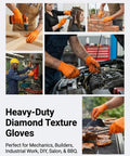 Orange 9 mil nitrile gloves with diamond-texture grip shown in collage of drilling, bricklaying, car repair, grilling.